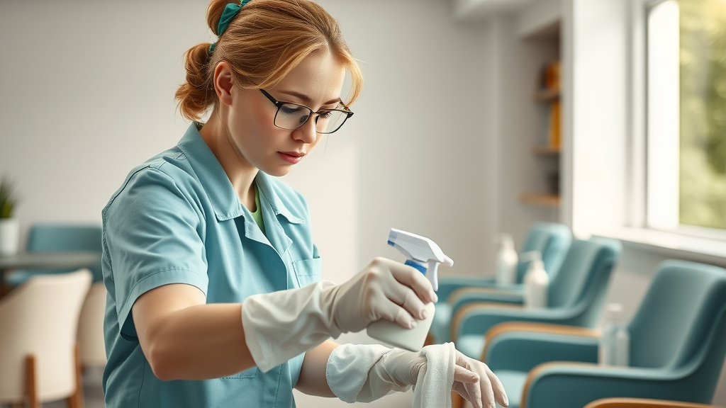 infection control protocols in elder care - janitorial staff disinfecting high-touch surfaces in an elderly-friendly lounge area