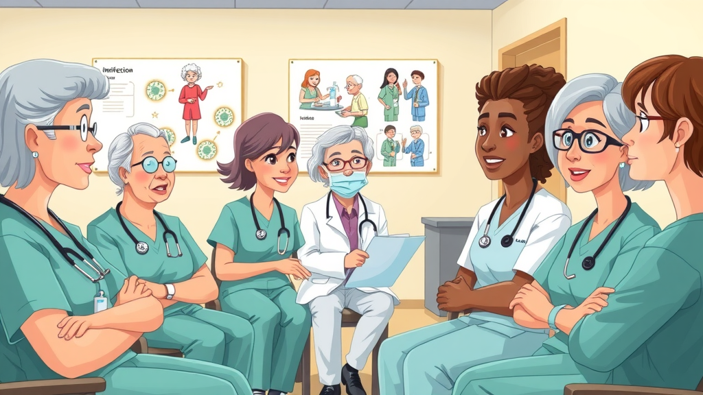 infection control protocols in elder care - care team attending an onsite training workshop with infection prevention posters