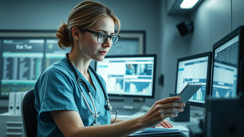infection control protocols in elder care - nurse manager reviewing infection control data on digital health record screens