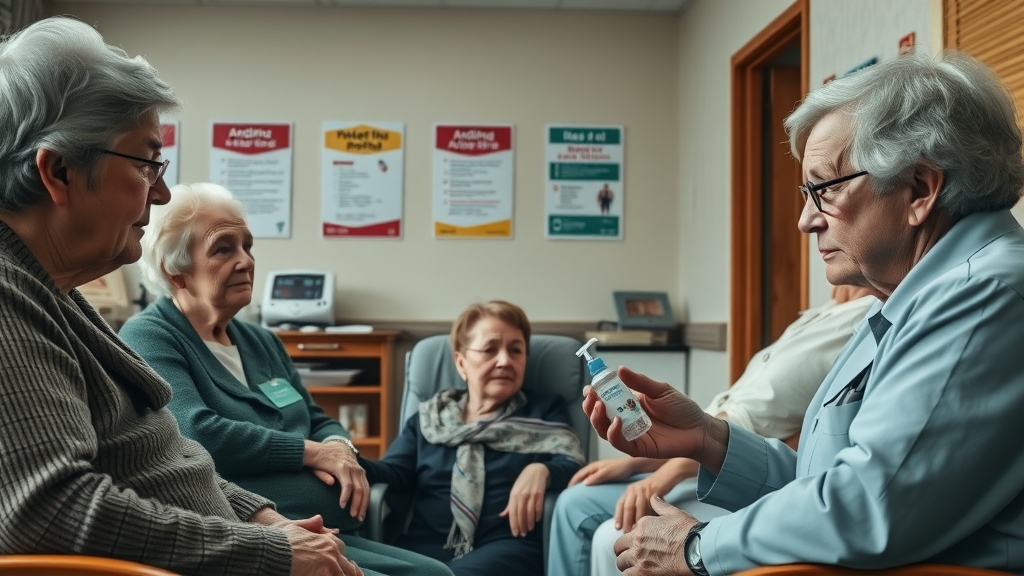 antibiotic resistance in nursing homes: elderly residents and healthcare team discussing responsible antibiotic usage in a nursing home setting