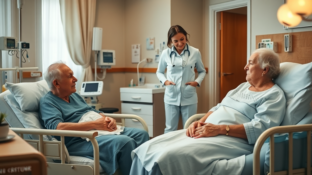 nursing home residents in shared room with medical equipment and empathetic caregiver