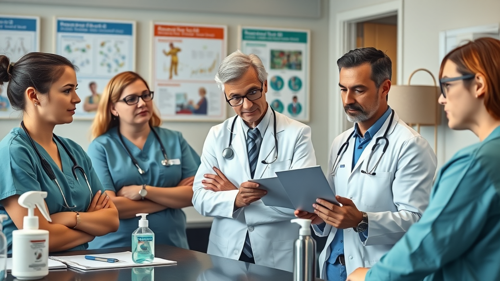 healthcare team reviewing antimicrobial stewardship guidelines for nursing homes