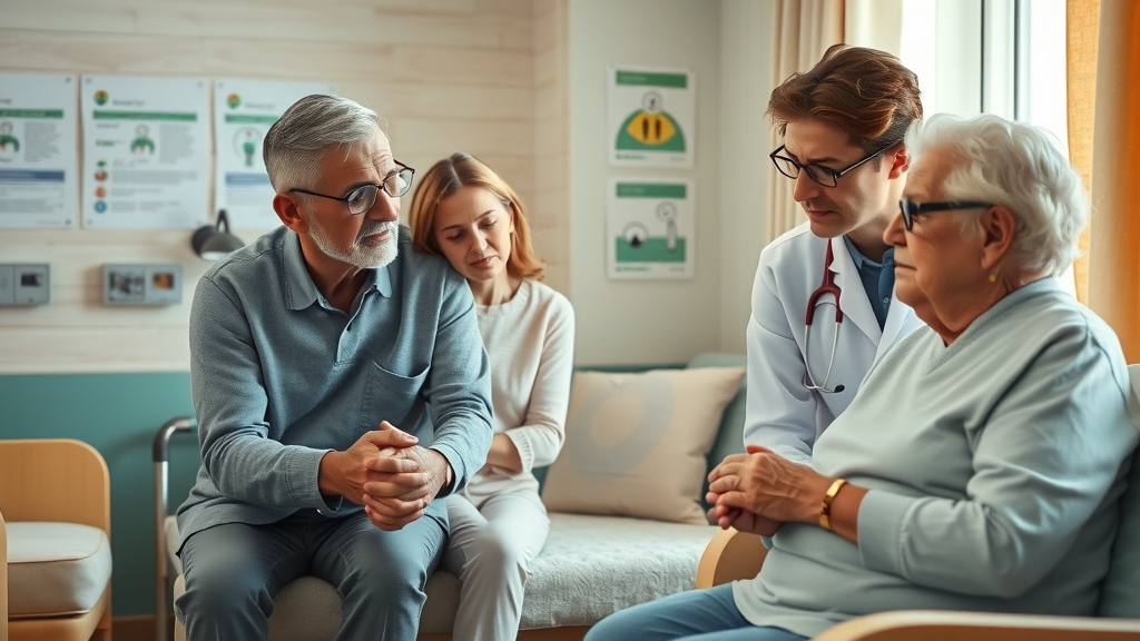 nursing home family visit with doctor discussing resistant illness and public health risks