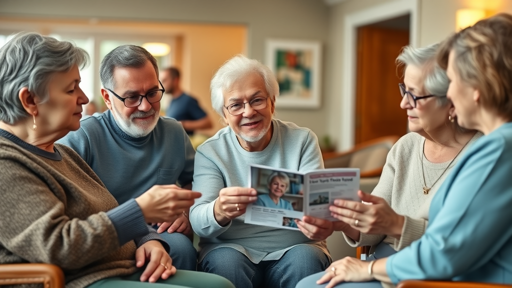 resident and family member discussing antibiotics with a nurse in a communal lounge