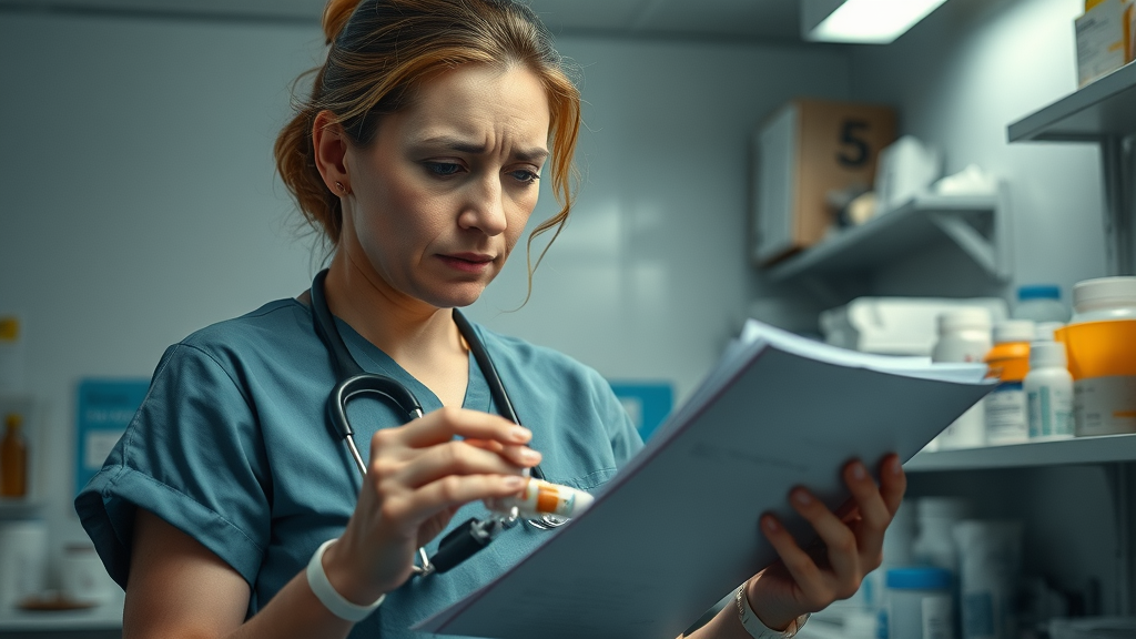 overworked nurse checks medication supplies in a resource-constrained nursing home