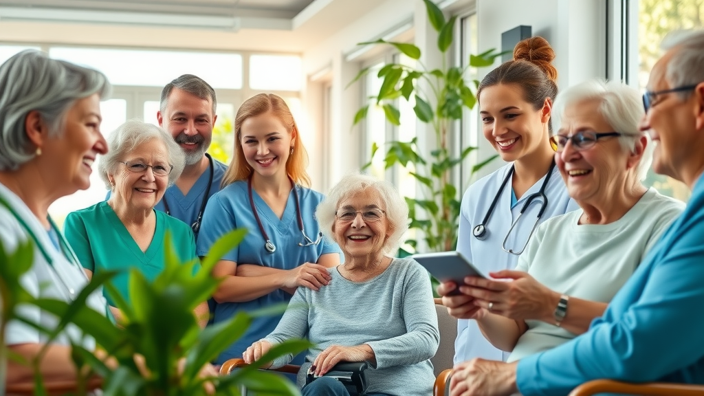 healthcare workers and residents collaborating for antibiotic stewardship in a bright nursing home
