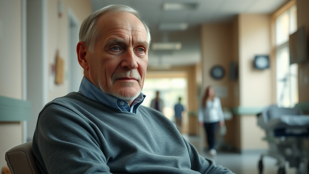 somber elderly man in a nursing home thinking about infection risks.