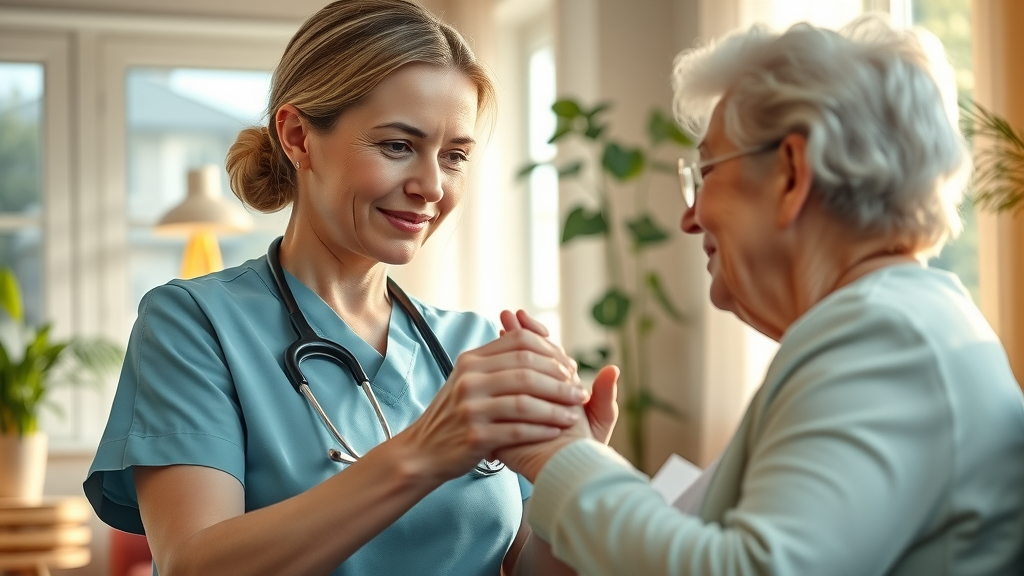 Caring nurse comforting elderly woman in a nursing home, promoting infection control.
