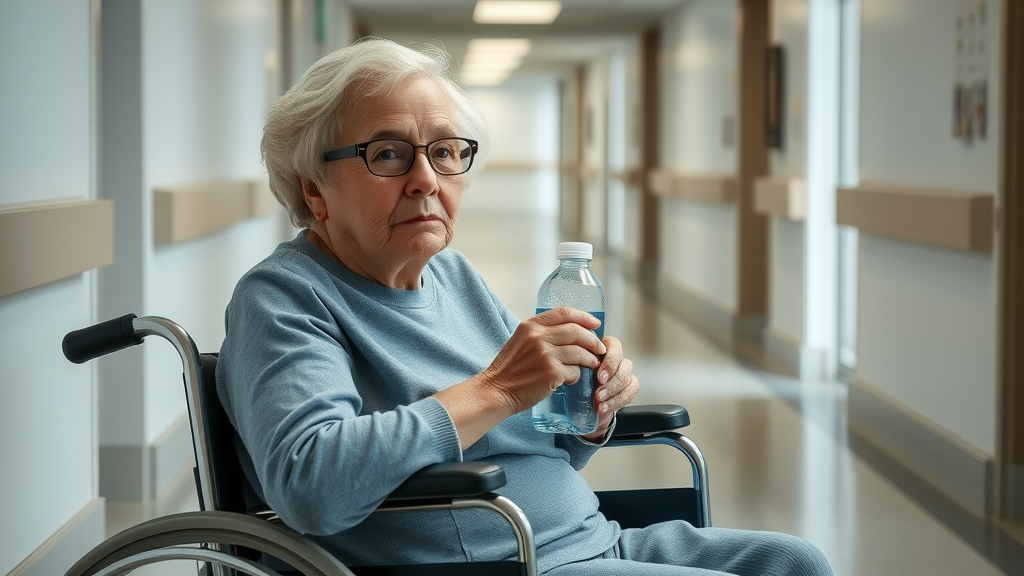 Elderly nursing home resident staying hydrated to prevent urinary tract infections.
