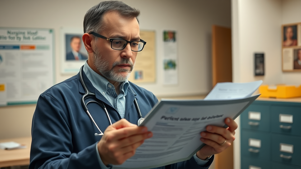 Doctor reviewing patient records for infection risk in a nursing home facility.