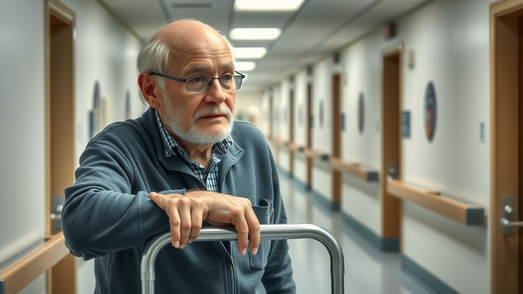 Elderly man supported by caregiver in nursing home, reducing infection risk through mobility assistance.