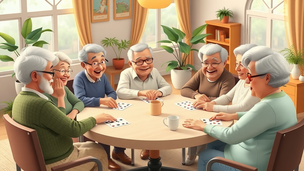 Nursing home residents in communal area, managing infection risks during group activities.