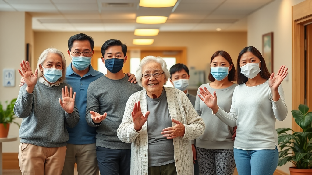 Family visiting elderly resident in a nursing home, all following infection prevention protocols.