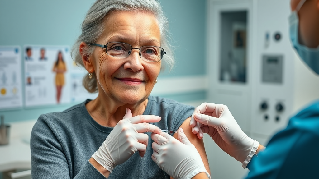 Elderly woman receiving vaccination in a nursing home to boost immune defense against infections.