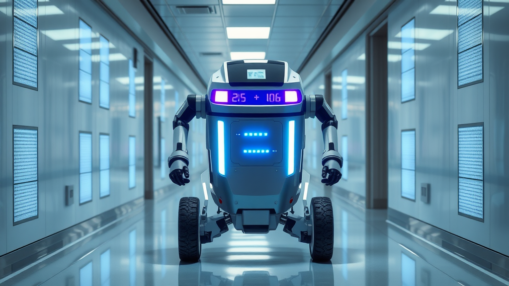 UV-C disinfection robot operating in nursing home hallway, reducing infection risks.