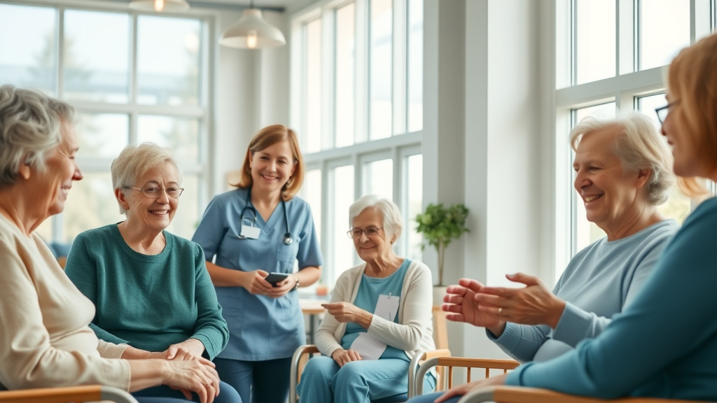 infection prevention in long-term care facility with staff and residents smiling in a bright, professional setting