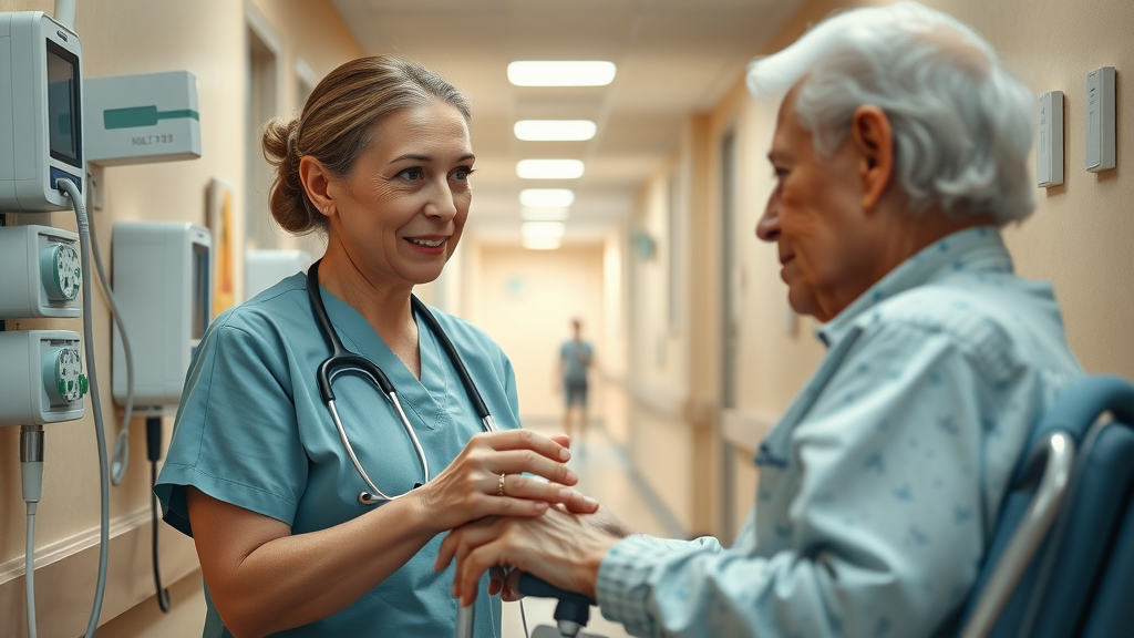 care worker promoting infection control in nursing home by monitoring resident using shared equipment