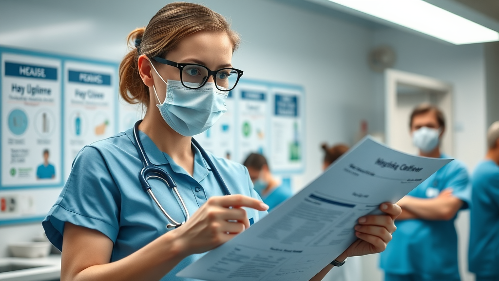 infection control nurse guiding staff in infection prevention and control at nurse station with hygiene posters