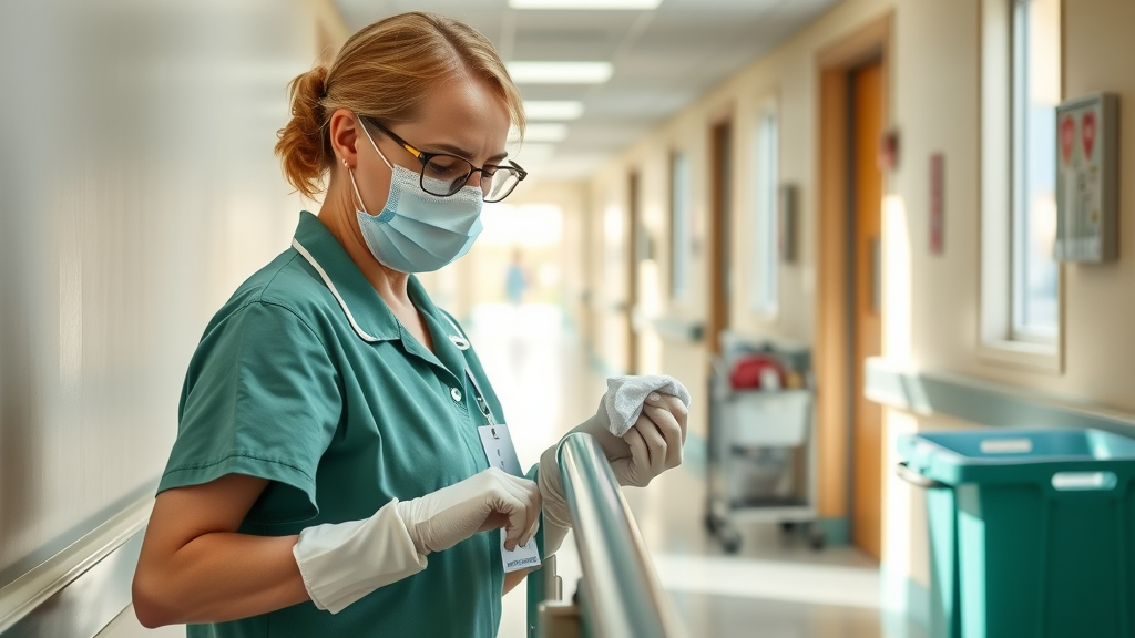 infection prevention staff cleaning high-touch handrail in a long-term care facility