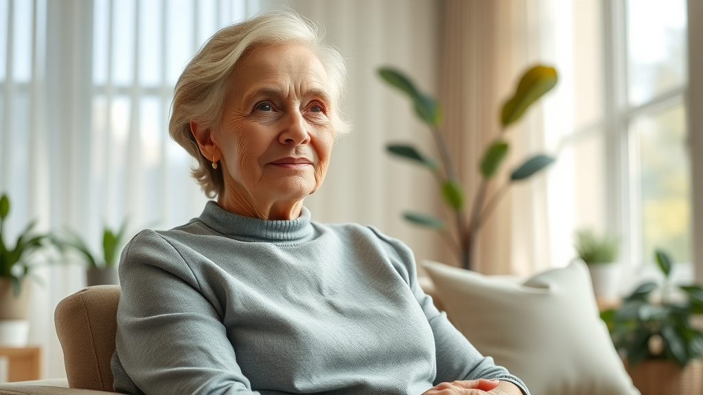 thoughtful elderly woman sitting comfortably in a bright living room, urinary tract infections in elderly