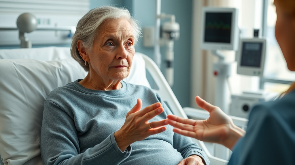 elderly woman with nurse in clinical nursing home setting discussing pneumonia in nursing home residents