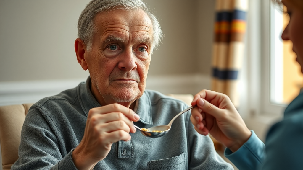 elderly man assisted with feeding by caregiver to prevent aspiration pneumonia in nursing home residents