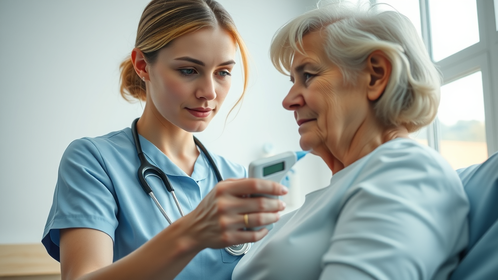 nurse checking temperature of elderly resident as part of pneumonia assessment in nursing home