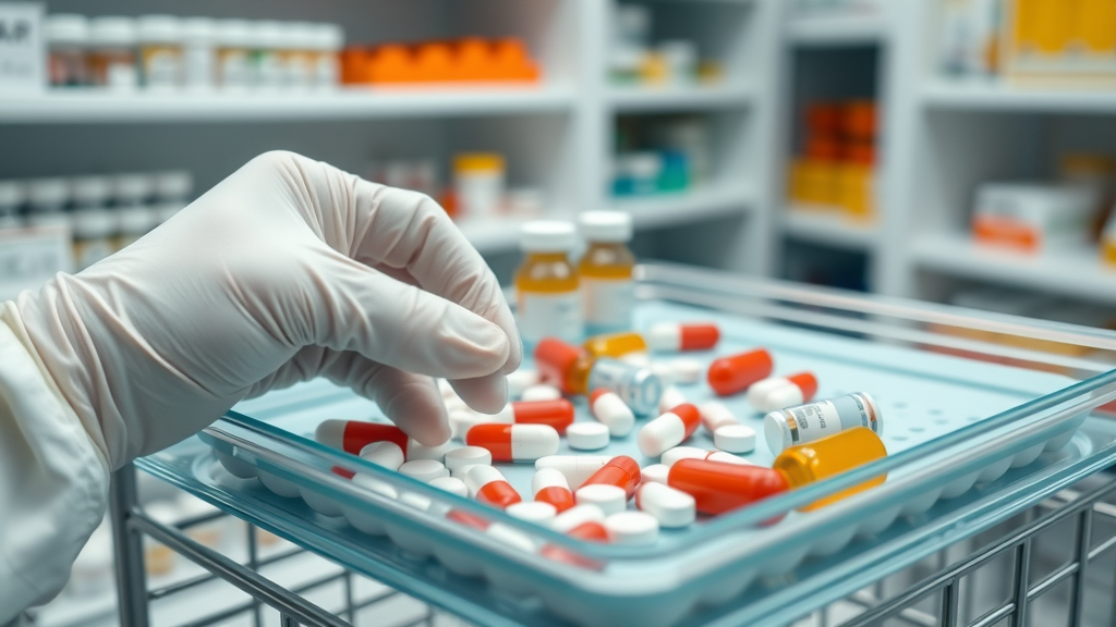 close-up of antibiotics and medication tray used for treating pneumonia in nursing home residents