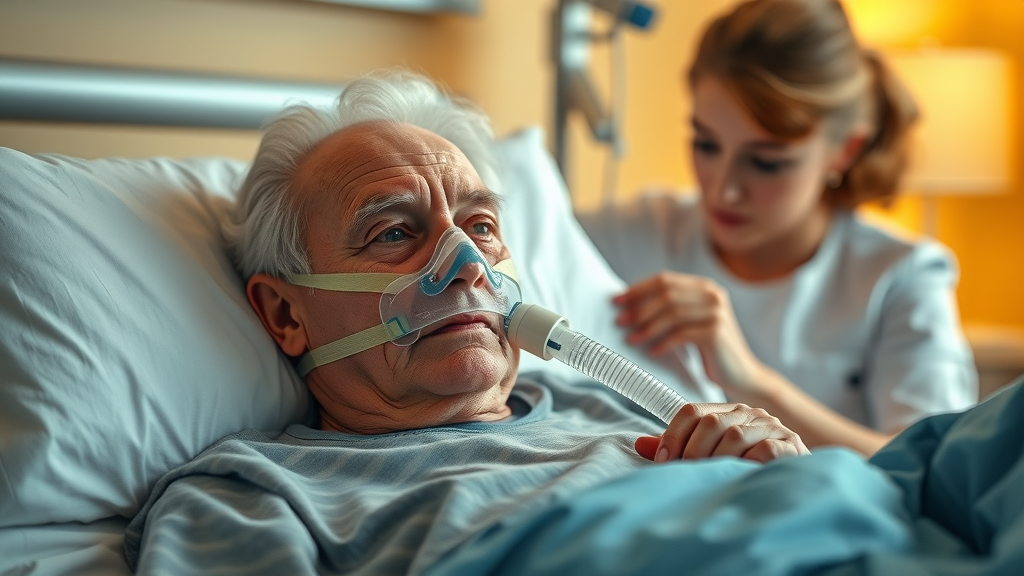 elderly patient receiving oxygen therapy for pneumonia in nursing home setting
