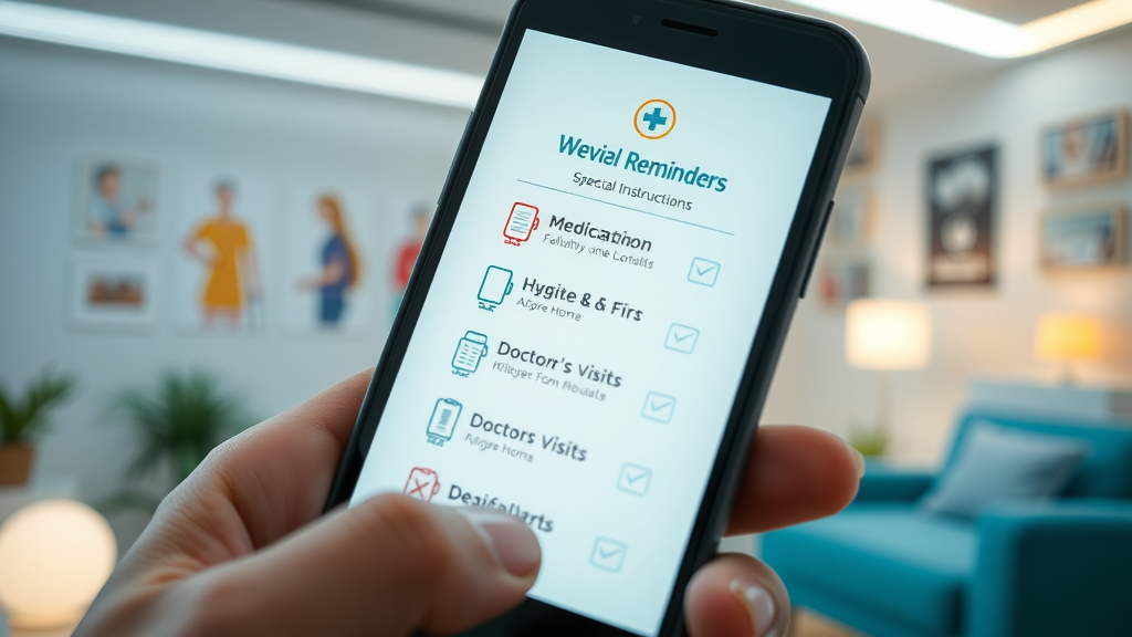 mobile checklist reminding nursing home staff about pneumonia warning signs and routines