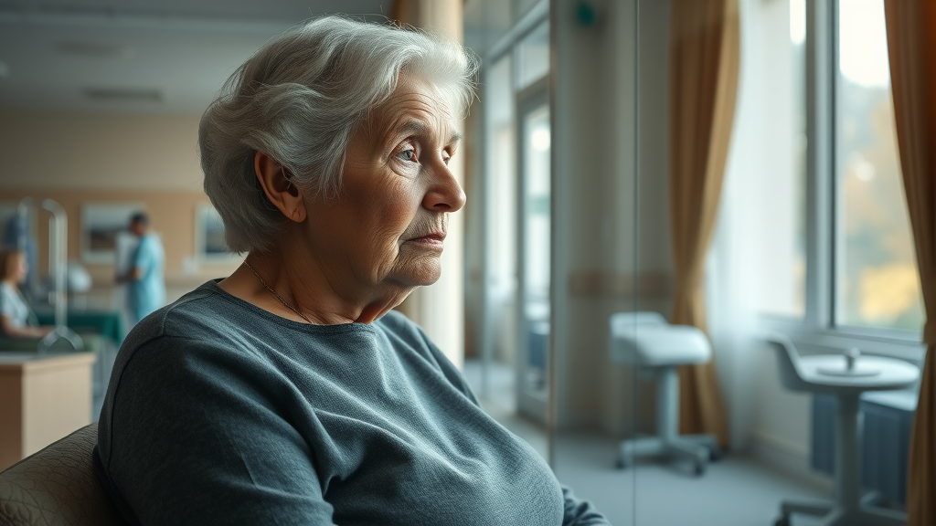 Elderly woman in a nursing home, infection-related mortality in nursing homes, reflective expression by window, medical equipment and staff background