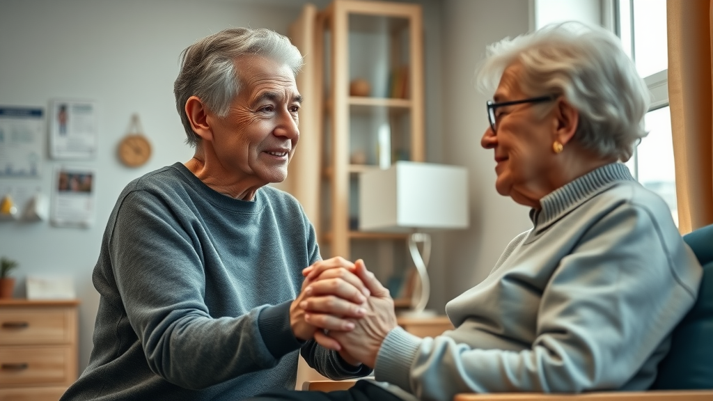 Family member visiting elderly nursing home resident, infection-related mortality in nursing homes, emotional bedside moment, medical charts in background