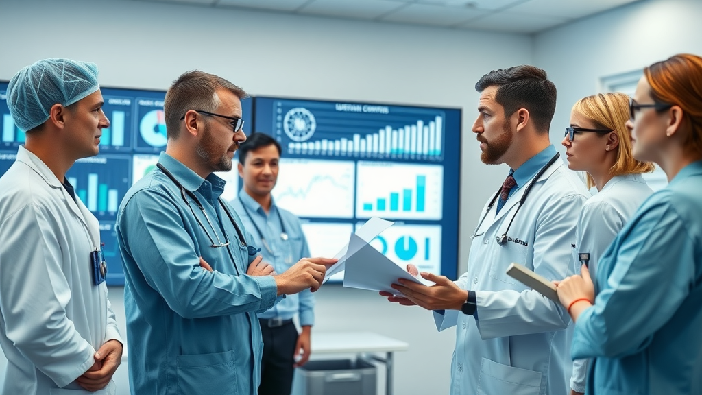 Medical professionals reviewing infection control program data, discussing infectious disease statistics in nursing homes, animated charts visible