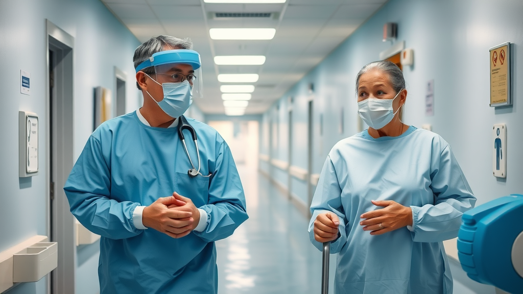 Nursing home staff infection control, full PPE, assisting elderly residents, infection prevention protocols in nursing homes