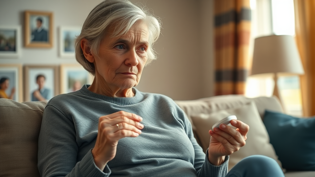 Concerned senior woman reviewing medications to prevent common infections in elderly, sitting in a cozy living room.