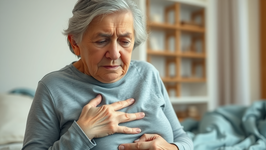 Elderly woman experiencing discomfort from urinary tract infection, early signs, and management in older adults.