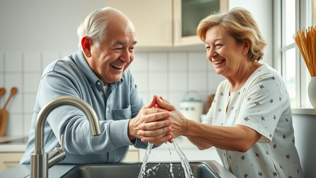 Elderly couple practicing hand hygiene to prevent risk of infection in older adults at home.