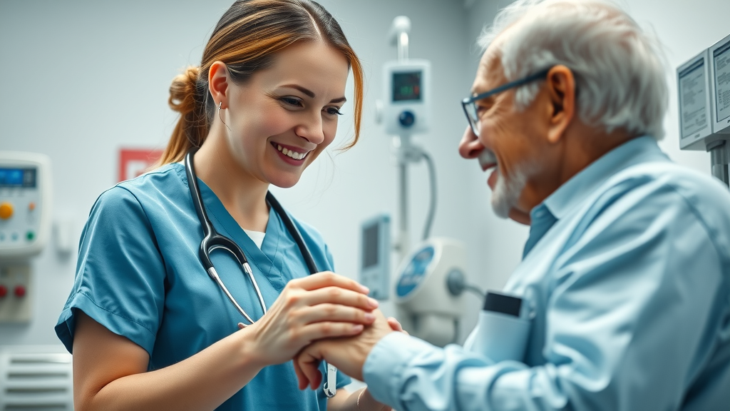 Nurse checking vital signs of elderly patient for managing common infections in elderly in clinical setting.