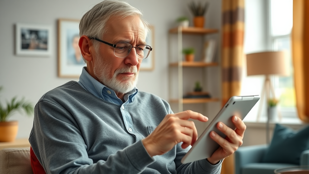 Elderly man tracking infection symptoms using a digital health app, technology for health monitoring in older adults.