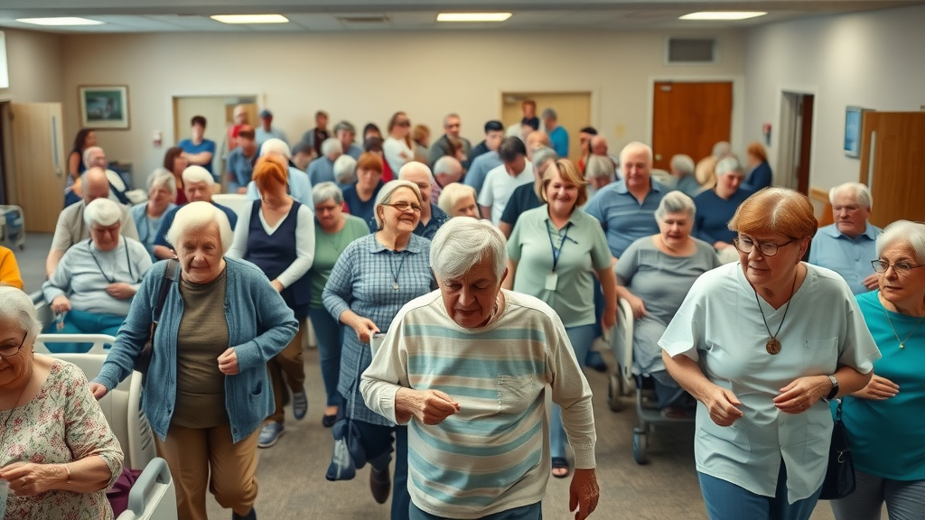 busy nursing home common room with many residents highlighting infectious disease risk