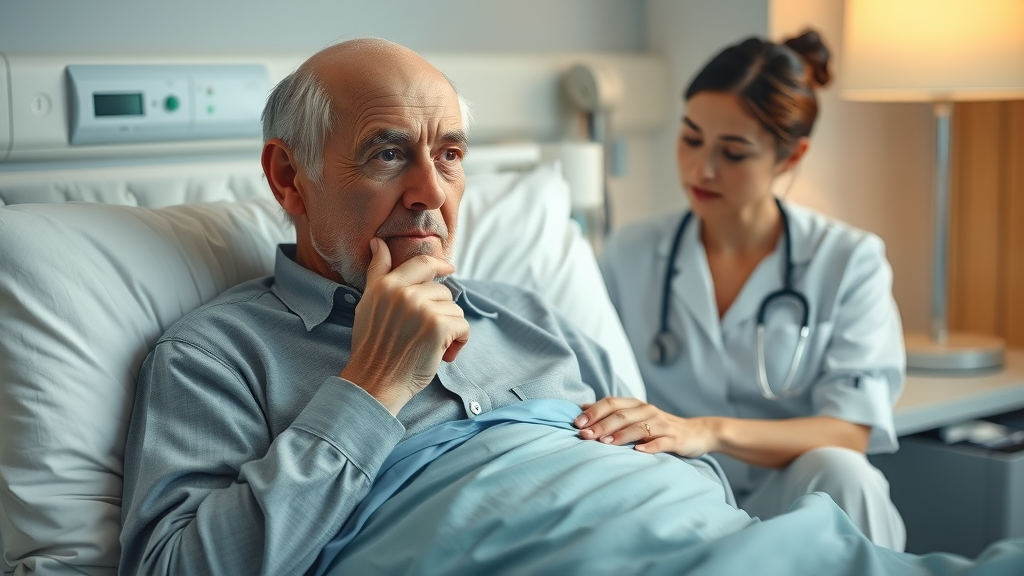 elderly man with nurse being monitored for respiratory infection in term care facility