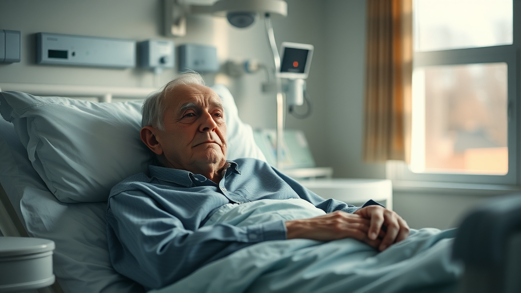 somber elderly patient in a nursing home bed, thoughtful, lying still, Photorealistic High Fidelity Lifelike, quiet clinical room with medical equipment and a large window, highly detailed, gentle sunlight streaming in with subtle reflections, shallow depth of field, soft muted colors, nursing home resident