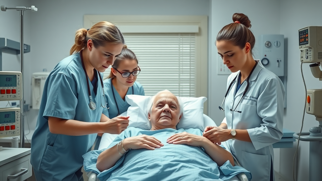 intensive healthcare teamwork, determined expressions, nurses and doctors attending to elderly patient with IV drip, Photorealistic High Fidelity Lifelike, modern nursing home room with emergency equipment, nursing home
