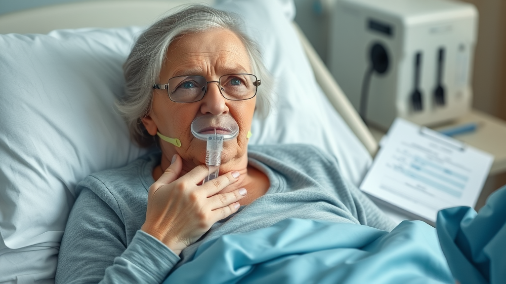 elderly woman coughing in bed, worried expression, being assisted by nurse with oxygen mask, Photorealistic High Fidelity Lifelike, soft blue hospital bedding and medical charts nearby, highly detailed, pneumonia in nursing home residents