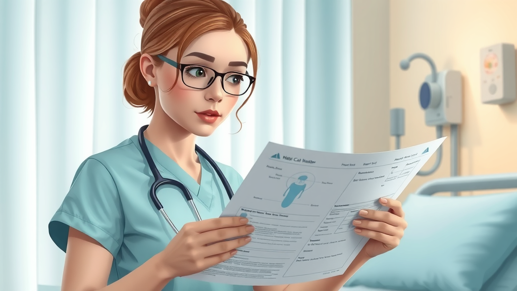 nurse examining medical chart, focused look, reviewing urinary catheter care procedure, 2D Cartoon, simple nursing home ward background with highlighted medical device, urinary tract infection in nursing home residents
