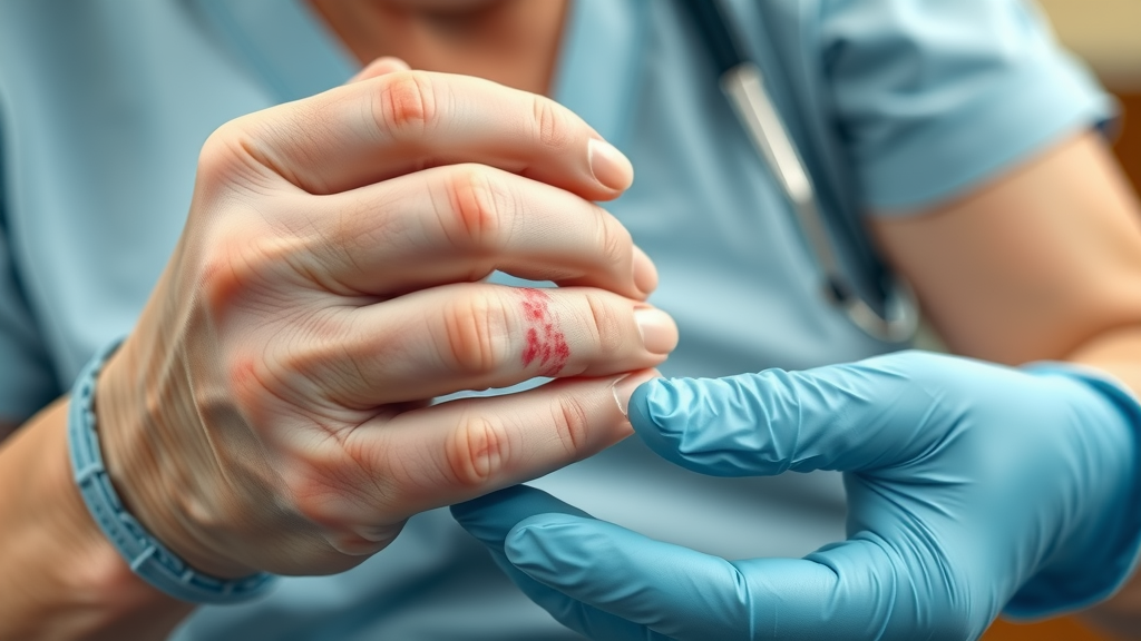 close-up of elderly hand with visible skin infection, calm but serious, nurse gently dressing wound, soft tissue skin infection in a nursing home resident