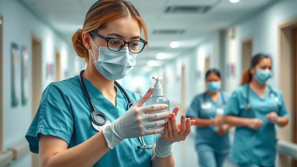 infection control scene, careful nurse sanitizing her hands, professional expression, using sanitizer dispenser, Photorealistic High Fidelity Lifelike, infection prevention in nursing home
