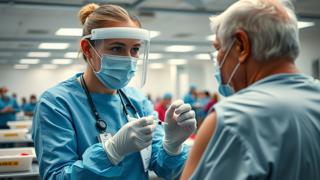 frontline nurse in full protective PPE, determined look, giving vaccine to elderly patient, High Fantasy, busy vaccination room, highly detailed, vaccination against COVID-19 and influenza in nursing home